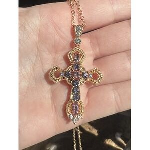 L.C. Tiffany Rose GOLD TONE Purple Pink Cross PENDANT NWT 18"‎